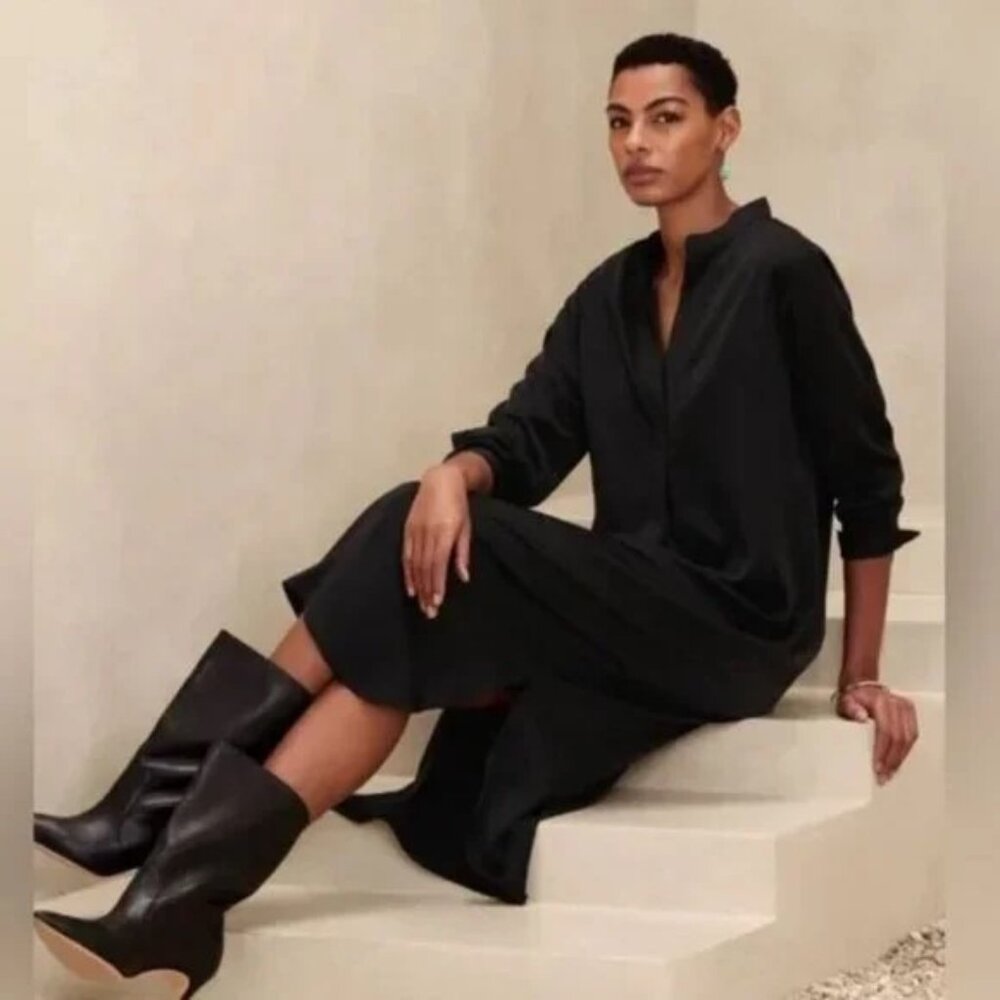 Banana Republic NEW Women's Mandarin-Collar Midi Shirtdress Black Size XS